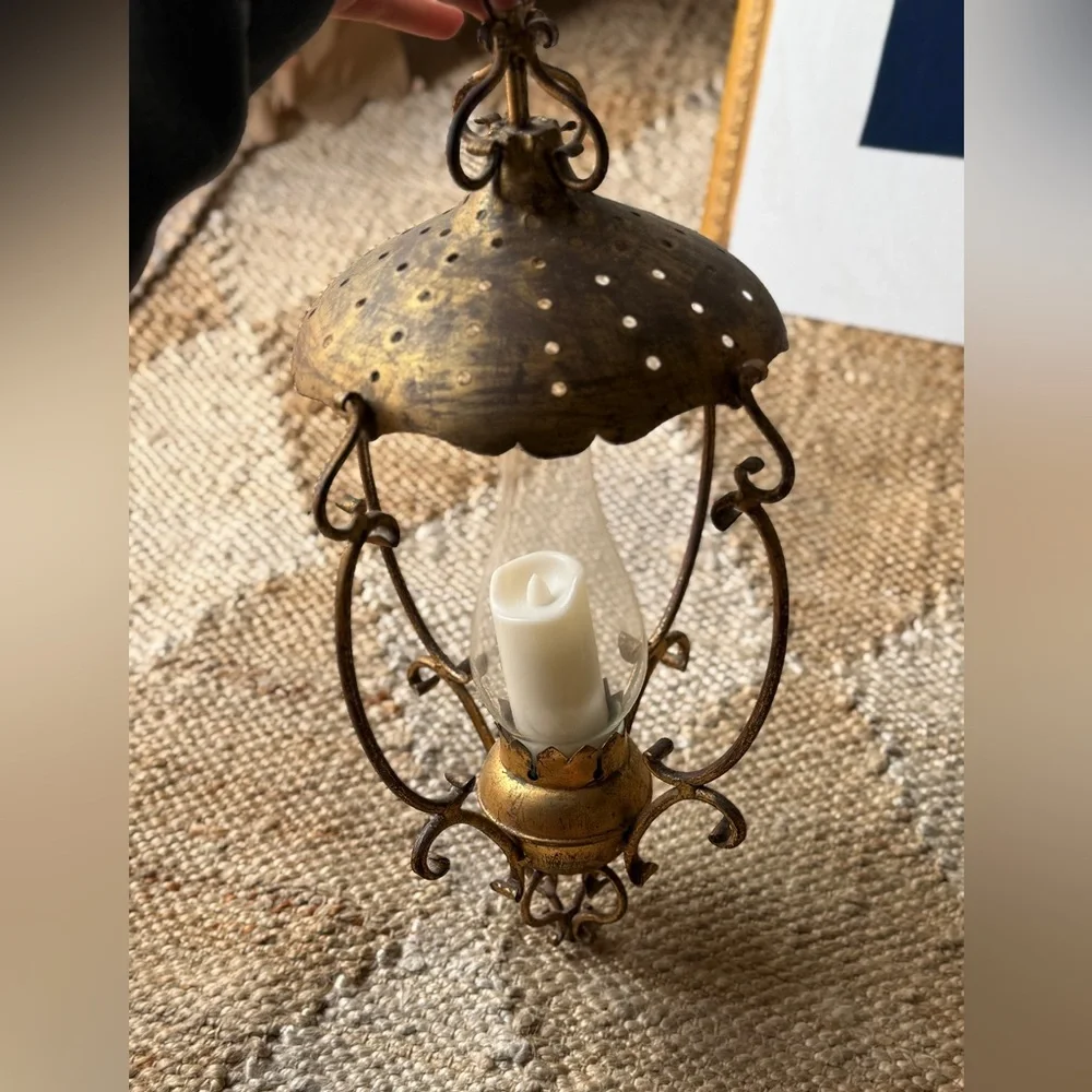 Vintage antique Italian gilded brass metal glass Gold Hanging Lantern fixture